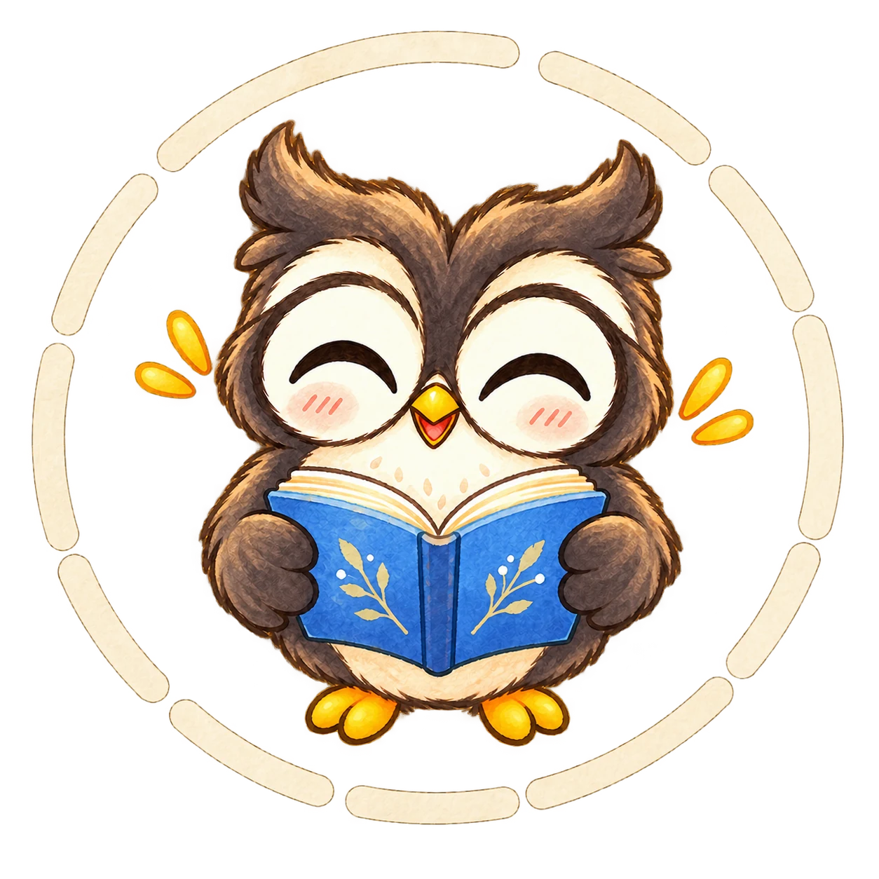 A cheerful painted owl reading a blue storybook
