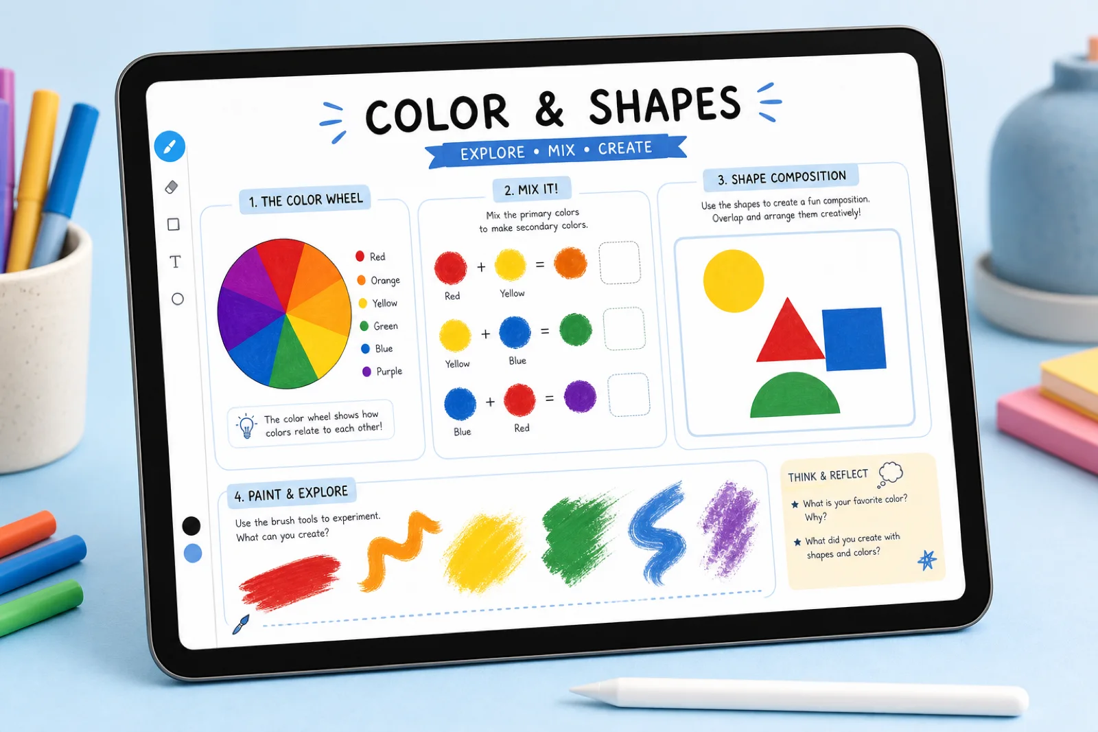 Art worksheet with a color wheel and drawing activities