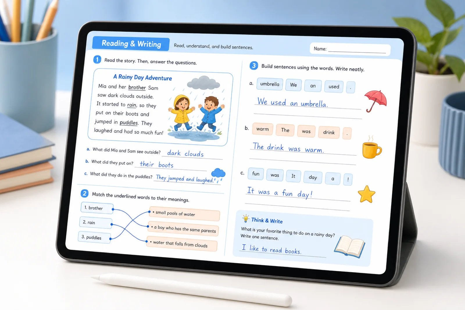 English worksheet with reading and vocabulary activities