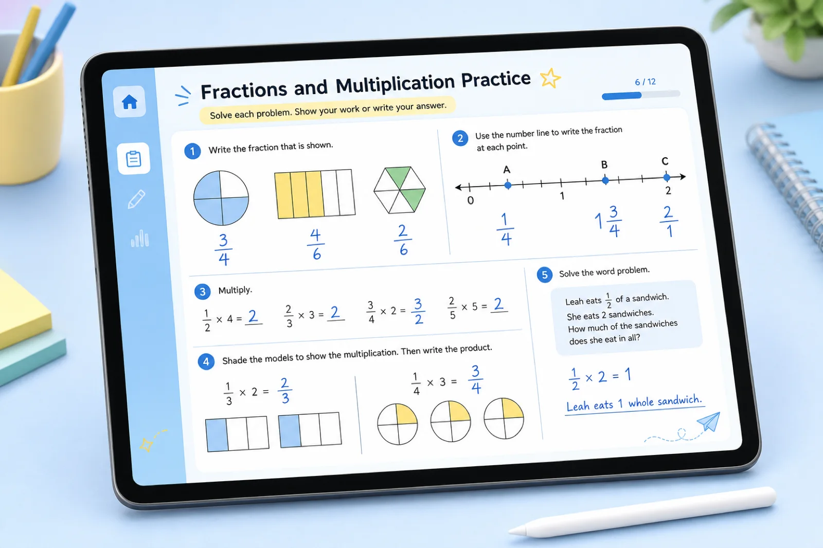Math worksheet with fractions and number lines
